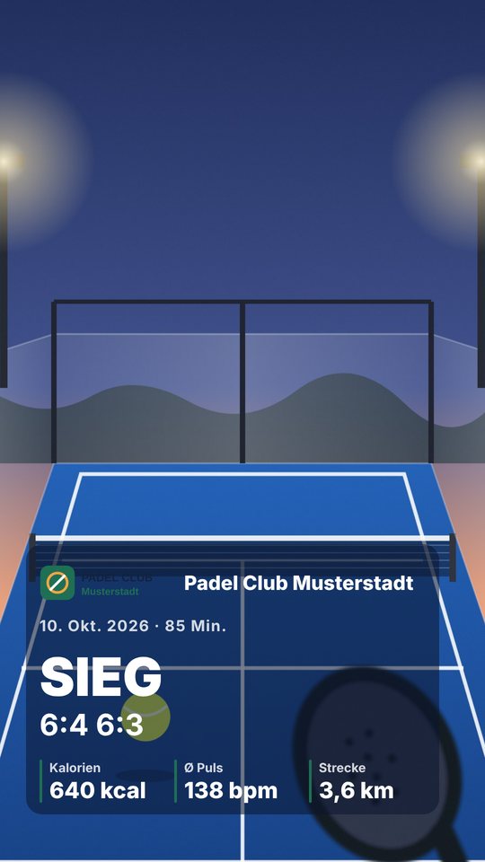 Matchcard mit Foto, Sieg 6:4 6:3, Datum, Dauer und Clublogo
